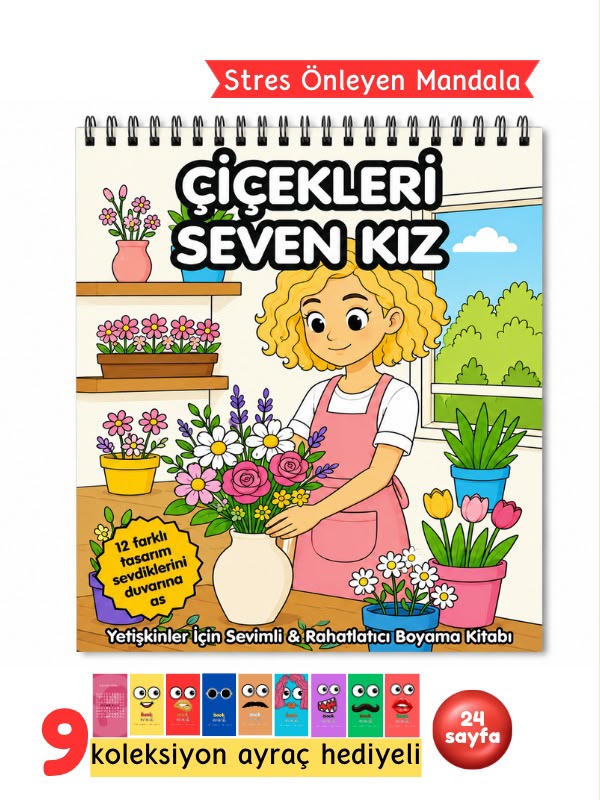 Mandala Boyama Kitabı - Yetişkinler İçin Rahatlatıcı Boyama Sayfaları - Çiçekleri Seven Kız